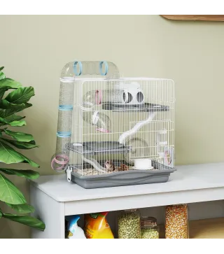 Jaula para Hámster con Túnel Plataformas Cuenco Bebedero Casita Rampas y Rueda de Ejercicio 45x30x45 cm Gris