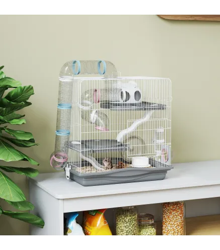 Jaula para Hámster con Túnel Plataformas Cuenco Bebedero Casita Rampas y Rueda de Ejercicio 45x30x45 cm Gris