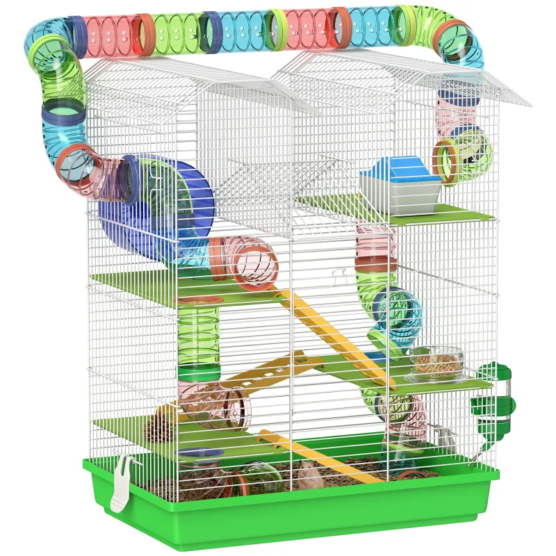 Jaula para Hámster de 5 Niveles 47x30x59 cm con Túnel Comedero Bebedero Casita Rueda de Ejercicio Escaleras Verde