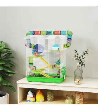 Jaula para Hámster de 5 Niveles 47x30x59 cm con Túnel Comedero Bebedero Casita Rueda de Ejercicio Escaleras Verde