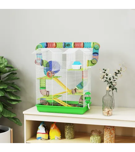 Jaula para Hámster de 5 Niveles 47x30x59 cm con Túnel Comedero Bebedero Casita Rueda de Ejercicio Escaleras Verde