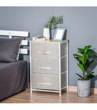 Cómoda con 3 Cajones de Tela Marco de Acero Cajonera para Salón Oficina Vestidor Gris