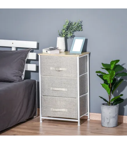 Cómoda con 3 Cajones de Tela Marco de Acero Cajonera para Salón Oficina Vestidor Gris
