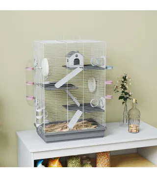 Jaula para Hámster con Túnel Plataformas Cuenco Bebedero Casita Rampas y Rueda de Ejercicio 47x30x70 cm Gris