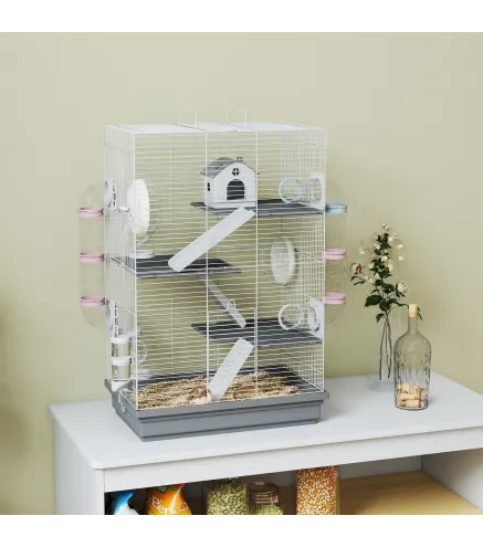 Jaula para Hámster con Túnel Plataformas Cuenco Bebedero Casita Rampas y Rueda de Ejercicio 47x30x70 cm Gris