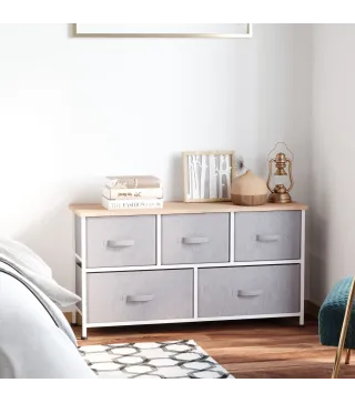 Cómoda con 5 Cajones de Tela Cómoda para Dormitorio Marco Metálico 100x30x54 cm Gris