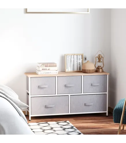 Cómoda con 5 Cajones de Tela Cómoda para Dormitorio Marco Metálico 100x30x54 cm Gris