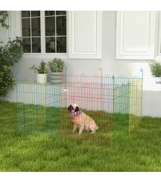 Parque Plegable para Perros de 8 Paneles Ø156x60 cm Valla Metálica con Puerta Estacas Interior Exterior Multicolor