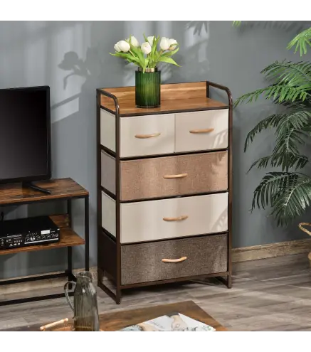 Cómoda para Dormitorio con 5 Cajones Plegables Parte Superior de Madera y Marco Metálico 58x29x99 cm Multicolor