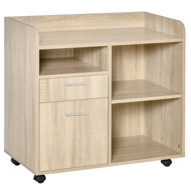 Armario para Impresora con 3 Compartimentos 2 Cajones para Archivos Estante Ajustable Ruedas 80x40x72 cm Roble