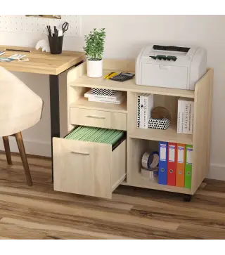 Armario para Impresora con 3 Compartimentos 2 Cajones para Archivos Estante Ajustable Ruedas 80x40x72 cm Roble