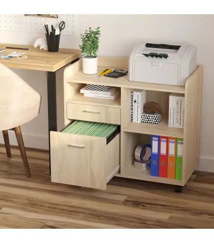Armario para Impresora con 3 Compartimentos 2 Cajones para Archivos Estante Ajustable Ruedas 80x40x72 cm Roble