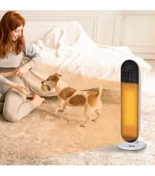 Calefactor Cerámico de Torre 1200W/2000W Calefactor PTC con Mando a Distancia Termostato Temporizador de 24H Oscilación 45° y Si