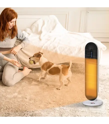 Calefactor Cerámico de Torre 1200W/2000W Calefactor PTC con Mando a Distancia Termostato Temporizador de 24H Oscilación 45° y Si