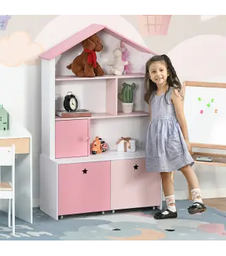 Estantería de Madera Infantil Librería para Niños con 4 Compartimentos 1 Puerta y 2 Cajones Extraíbles con Ruedas para L