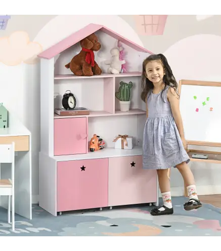 Estantería de Madera Infantil Librería para Niños con 4 Compartimentos 1 Puerta y 2 Cajones Extraíbles con Ruedas para L