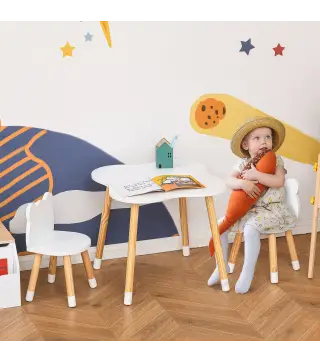 Mesa y Sillas Infantil de Madera Muebles Infantiles para Sala de Juego y Dormitorio de Niños Natural y Blanco