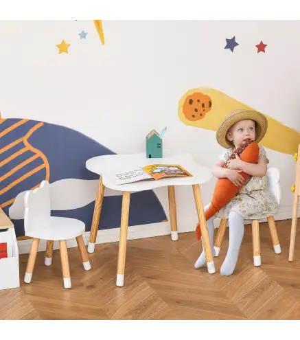 Mesa y Sillas Infantil de Madera Muebles Infantiles para Sala de Juego y Dormitorio de Niños Natural y Blanco