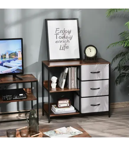 Cajonera de Tela Estrecha, Cómoda de Tela con 3 Cajones Plegables, 2 Estantes Abiertos y Amplia Encimera, Cómoda para Dormitorio