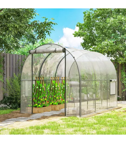 Invernadero de Túnel 3x2x2 m con Puerta Enrollable 2 Ventanas de Malla y Estructura de Acero Transparente