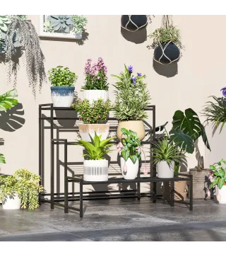 Soporte para Plantas de Tres Niveles con Diseño en Escalera y Estructura Metálica Resistente para Interior y Exterior