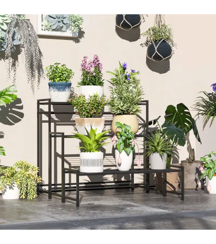 Soporte para Plantas de Tres Niveles con Diseño en Escalera y Estructura Metálica Resistente para Interior y Exterior