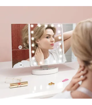Espejo Maquillaje con Luz Aumento 1X/2X/3X Rotación Libre de 180° 21 Luces LED Interruptor Táctil Blanco