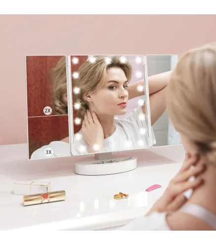 Espejo Maquillaje con Luz Aumento 1X/2X/3X Rotación Libre de 180° 21 Luces LED Interruptor Táctil Blanco