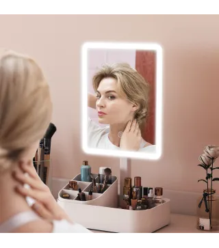 Espejo Maquillaje con Luz Recargable con 2 Modos de Iluminación Rotación de 180° Brillo Ajustable Blanco