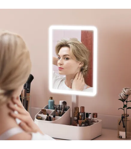 Espejo Maquillaje con Luz Recargable con 2 Modos de Iluminación Rotación de 180° Brillo Ajustable Blanco