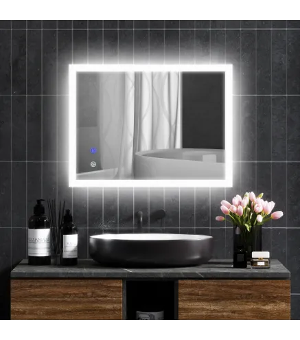 Espejo de Baño con Luces LED Regulable en 3 Colores 80x60 cm Función Antivaho Función de Memoria Interruptor Táctil