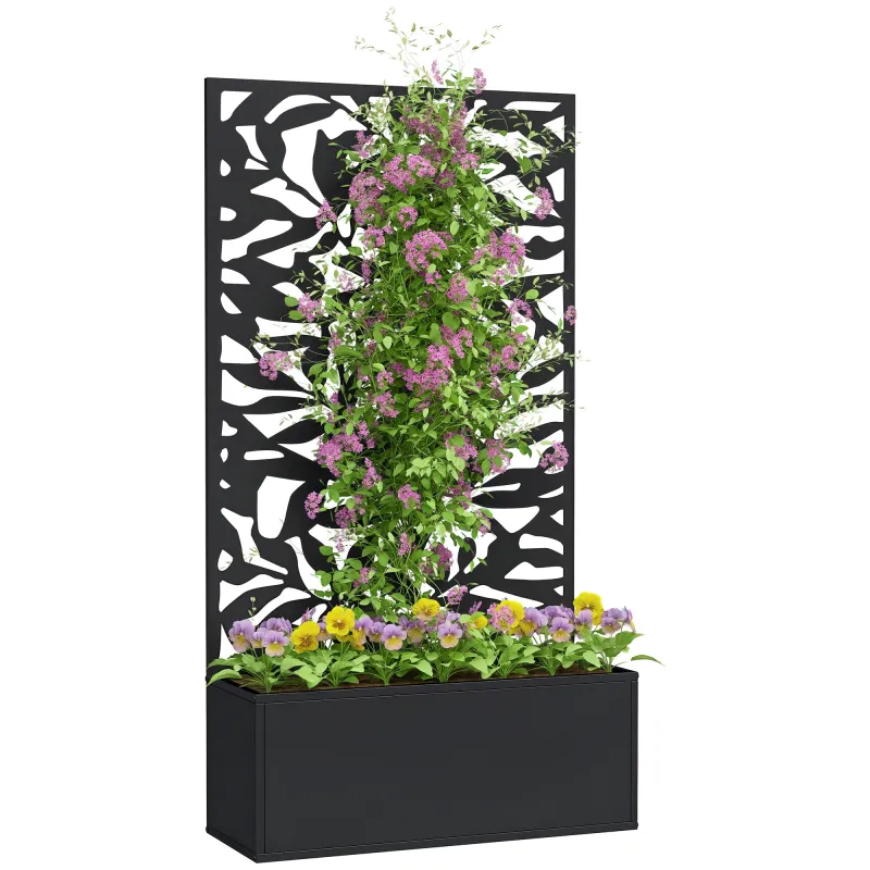 Jardinera Elevada con Panel de Privacidad de Hojas Decorativas de Metal y Opción de Montaje en Pared 61x23x113 cm Negro