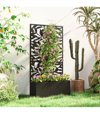 Jardinera Elevada con Panel de Privacidad de Hojas Decorativas de Metal y Opción de Montaje en Pared 61x23x113 cm Negro