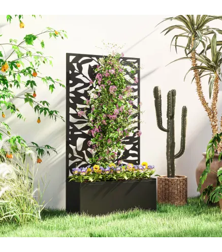 Jardinera Elevada con Panel de Privacidad de Hojas Decorativas de Metal y Opción de Montaje en Pared 61x23x113 cm Negro