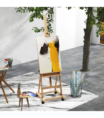 Caballete de Pintura Plegable de Madera 238 cm con Ruedas Altura Ajustable Bandeja Natural
