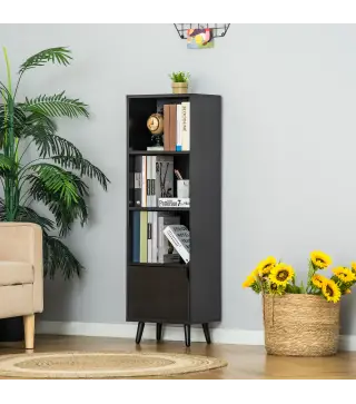 Estantería para Libros con 3 Estantes Abiertos y Cajón Librería Moderno para Almacenamiento Juguetes 40x30x129,5cm Negro