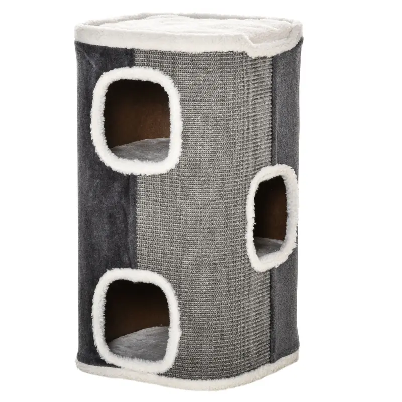 Barril Rascador para Gatos de 2 Niveles con Cuevas de Sisal Felpa Suave y Plataforma de Vellón 40x40x49 cm Gris
