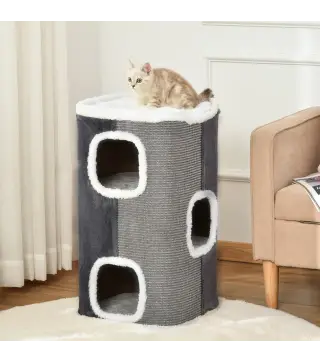 Barril Rascador para Gatos de 2 Niveles con Cuevas de Sisal Felpa Suave y Plataforma de Vellón 40x40x49 cm Gris