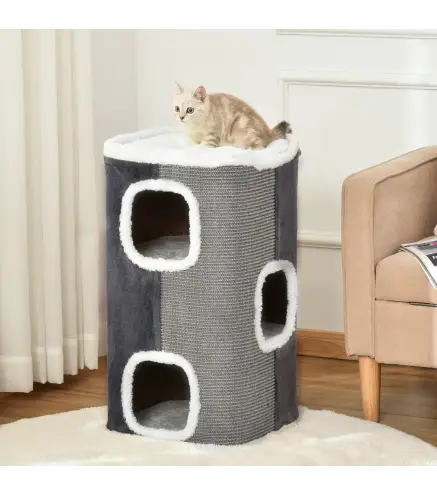 Barril Rascador para Gatos de 2 Niveles con Cuevas de Sisal Felpa Suave y Plataforma de Vellón 40x40x49 cm Gris