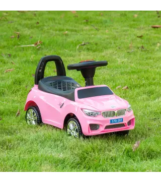 Coche Correpasillos para Niños de 18-36 Meses con Faros Música Bocina Volante Espacio de Almacenaje y Asa Rosa