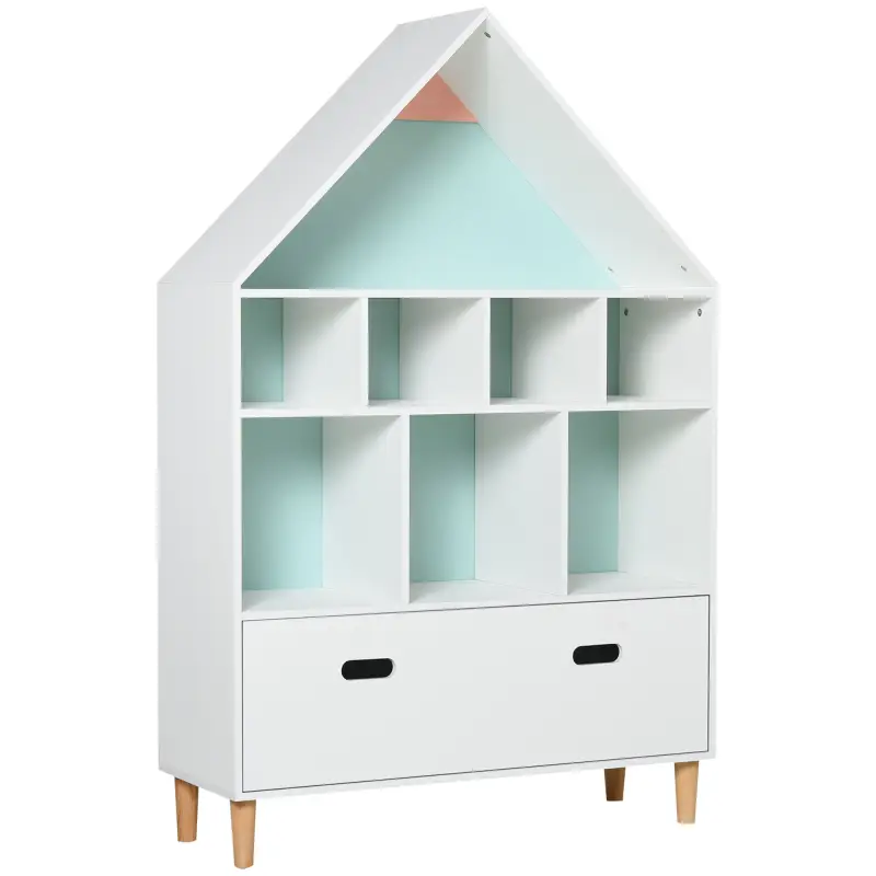 Estantería de Madera Infantil Forma de Casa Librería para Niños con 8 Compartimentos Abiertos y Cajón de 2 Colores 82x30x126 cm