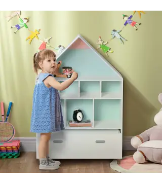 Estantería de Madera Infantil Forma de Casa Librería para Niños con 8 Compartimentos Abiertos y Cajón de 2 Colores 82x30x126 cm