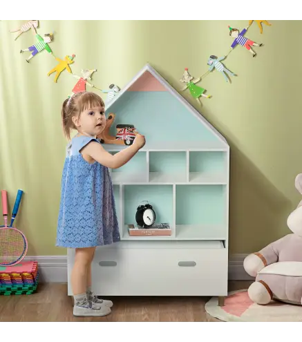 Estantería de Madera Infantil Forma de Casa Librería para Niños con 8 Compartimentos Abiertos y Cajón de 2 Colores 82x30x126 cm