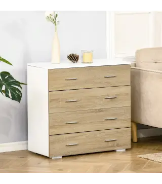 Cómoda con 4 Cajones Cajonera Auxiliar Moderna para Dormitorio Pasillo Sala de Estar 76x35x72 cm Roble y Blanco