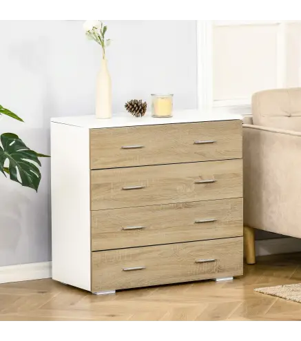 Cómoda con 4 Cajones Cajonera Auxiliar Moderna para Dormitorio Pasillo Sala de Estar 76x35x72 cm Roble y Blanco