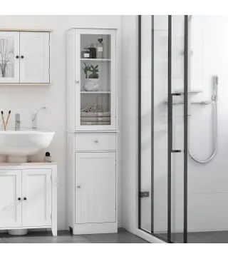 Armario de Baño Alto, Armario de Almacenaje Delgado, con Estantes Ajustables, Cajón, para Espacios Pequeños, Moderno, 40