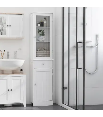 Armario de Baño Alto, Armario de Almacenaje Delgado, con Estantes Ajustables, Cajón, para Espacios Pequeños, Moderno, 40