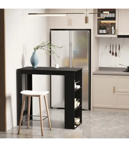 Mesa Alta de Bar, Mesa de Cocina con 3 Estantes Laterales, Estilo Moderno, para Comedor, Salón, 112x57x106 cm, Negro