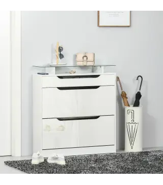 Mueble Zapatero de 2 Puertas Zapatero Estrecho para 16 Pares de Zapatos con Cajón Estante Abierto y Encimera de Vidrio para Pasi