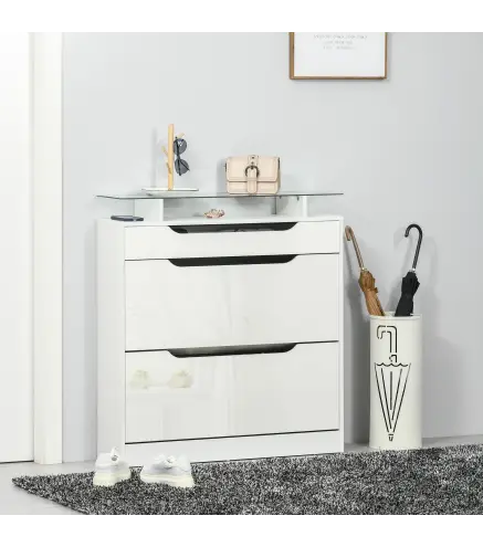 Mueble Zapatero de 2 Puertas Zapatero Estrecho para 16 Pares de Zapatos con Cajón Estante Abierto y Encimera de Vidrio para Pasi